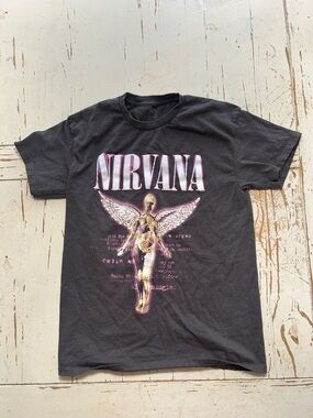 NIRVANA Black Tee with Pink and Gold Angel Graphic